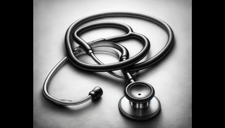 Dall·e 2024 02 26 17.55.11 A Highly Detailed, Black And White Pencil Drawing Of A Stethoscope, Rendered In A Landscape Orientation With An Aspect Ratio Of 16 9. The Drawing Shou
