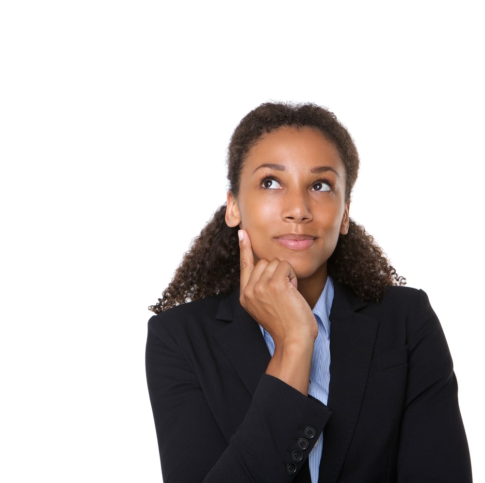 shutterstock Close up portrait of a smiling business woman thinking on isolated white background memory thinking