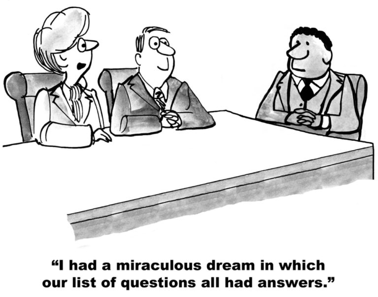 shutterstock cartoon senior leadership "I had a miraculous dream in which our list of questions all had answers."