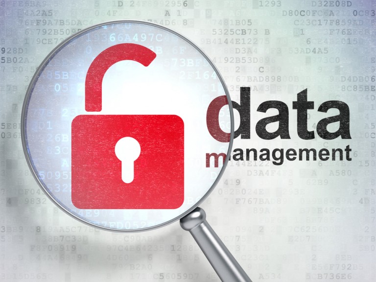 shutterstock_120454468 Information management concept: Magnifying optical glass with opened padlock icon and "data management" words on digital background, 3d render