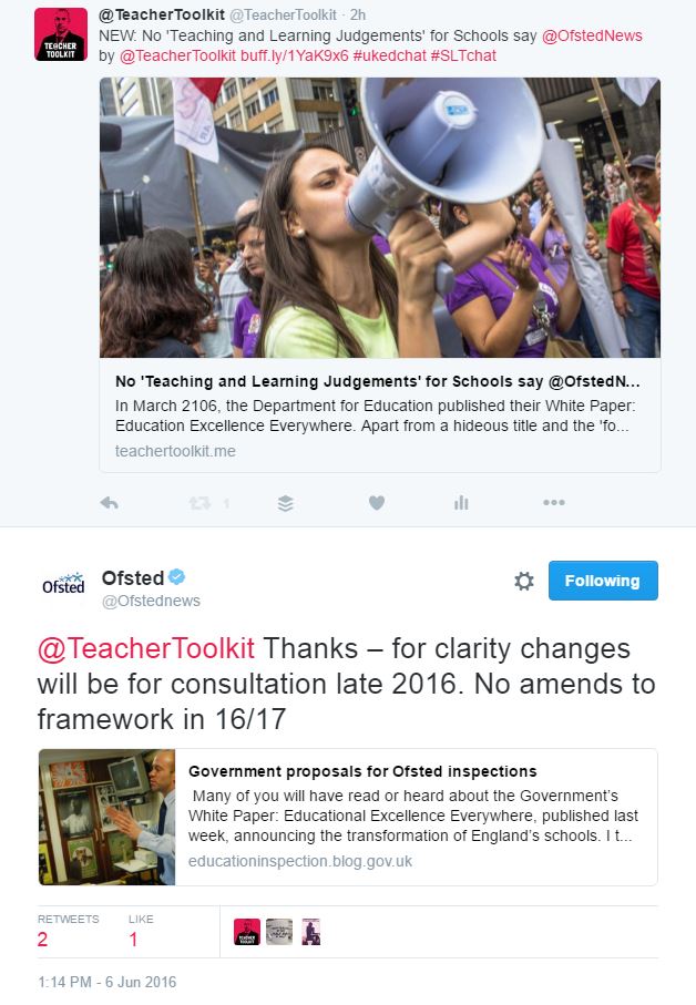 Ofsted Twitter teaching and learning