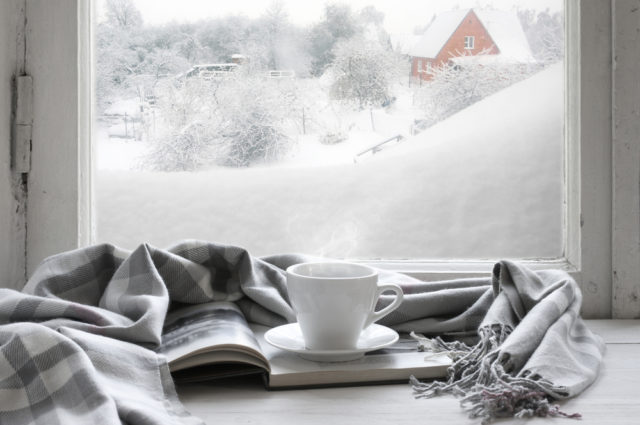 Snow scene, tea and book