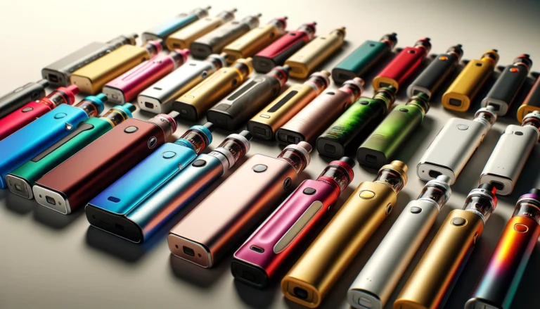 Dall·e 2024 04 18 13.55.56 A High Resolution, Landscape Oriented Photograph Showing A Close Up Of Various Vape Devices, Each Representing A Different Colour And Design, Laid Out